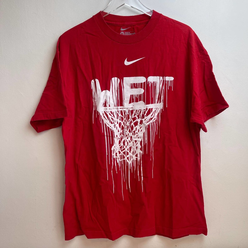 Vintage Nike WET Basketball Graphic Text T-shirt Red White Swoosh Logo — Size XL